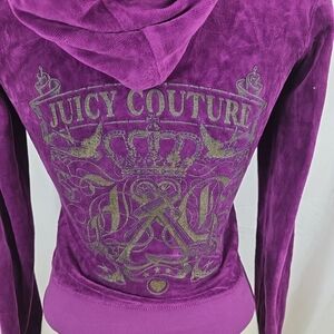 Juicy Couture Luxe Velour Purple Hoodie Womens Small Green Spell out USA Y2k